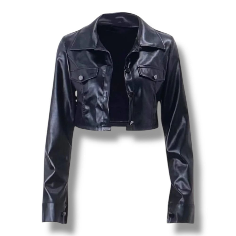 Black Leather Long Sleeve Button Down Cropped Jacket NEW - Picture 2 of 5